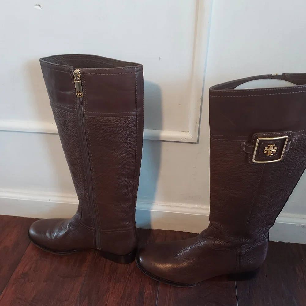 Tory Burch Julian Deep Brown Pebble Leather Riding Boots with Equestrian Style